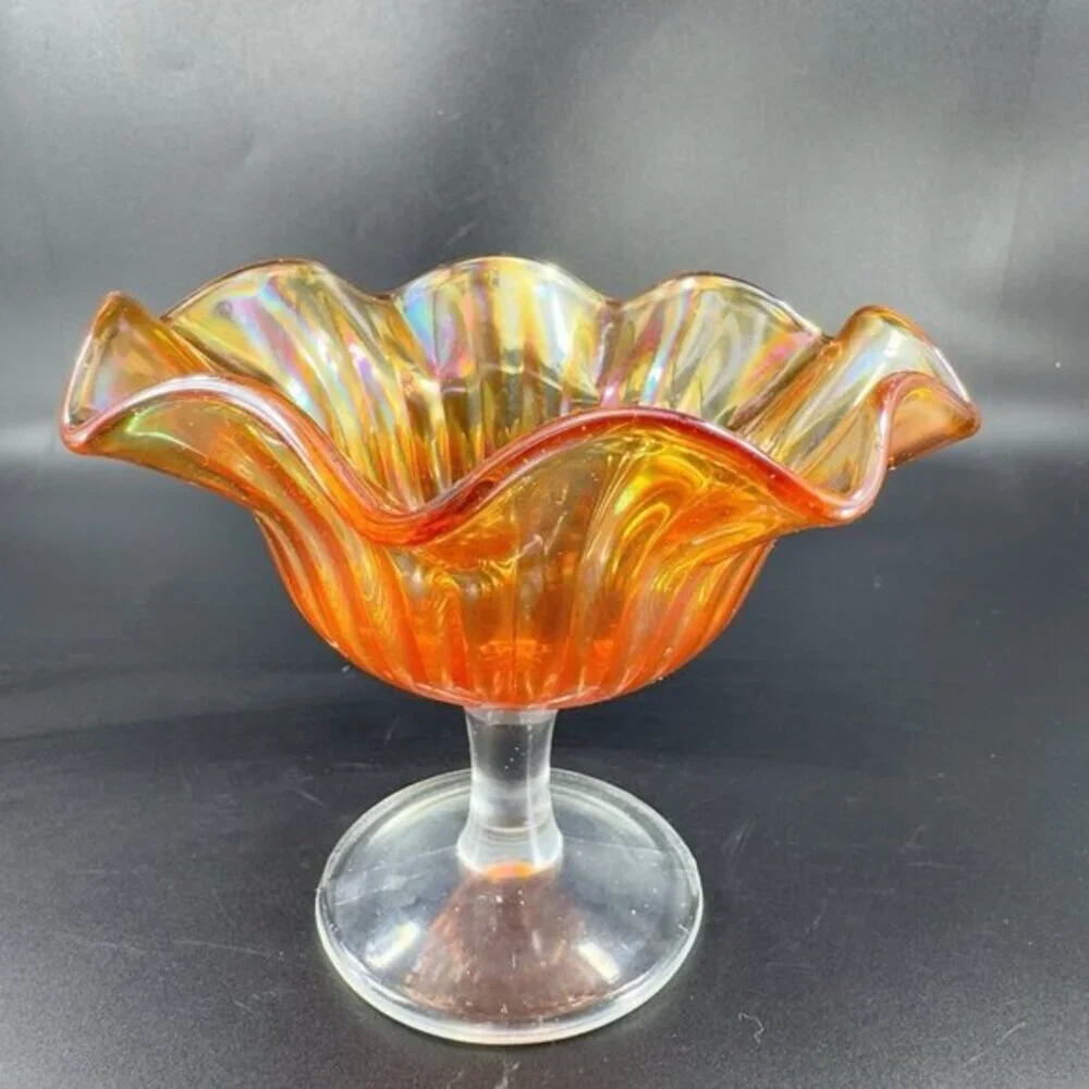 VTG Marigold Carnival Glass Iridescent Ruffled Pedestal Compote Footed Dish Bowl